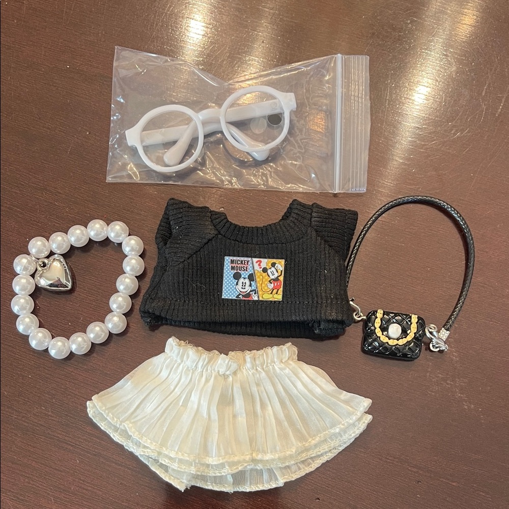 Black Labubu Mickey Mouse top with skirt purse necklace glasses nwt